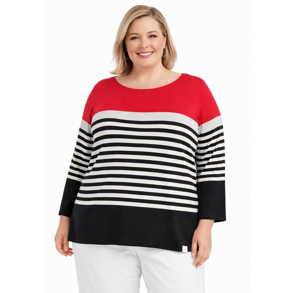 Talbots Plus Size Striped Color Block Heavy Cotton‎ Top Red Black White 3X